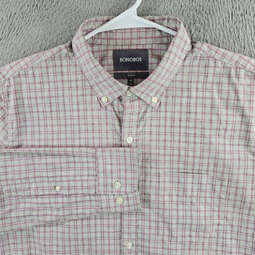 Bonobos Mens Slim Fit Button Down Shirt Grey Purple Plaid Cotton Size M Long Slv